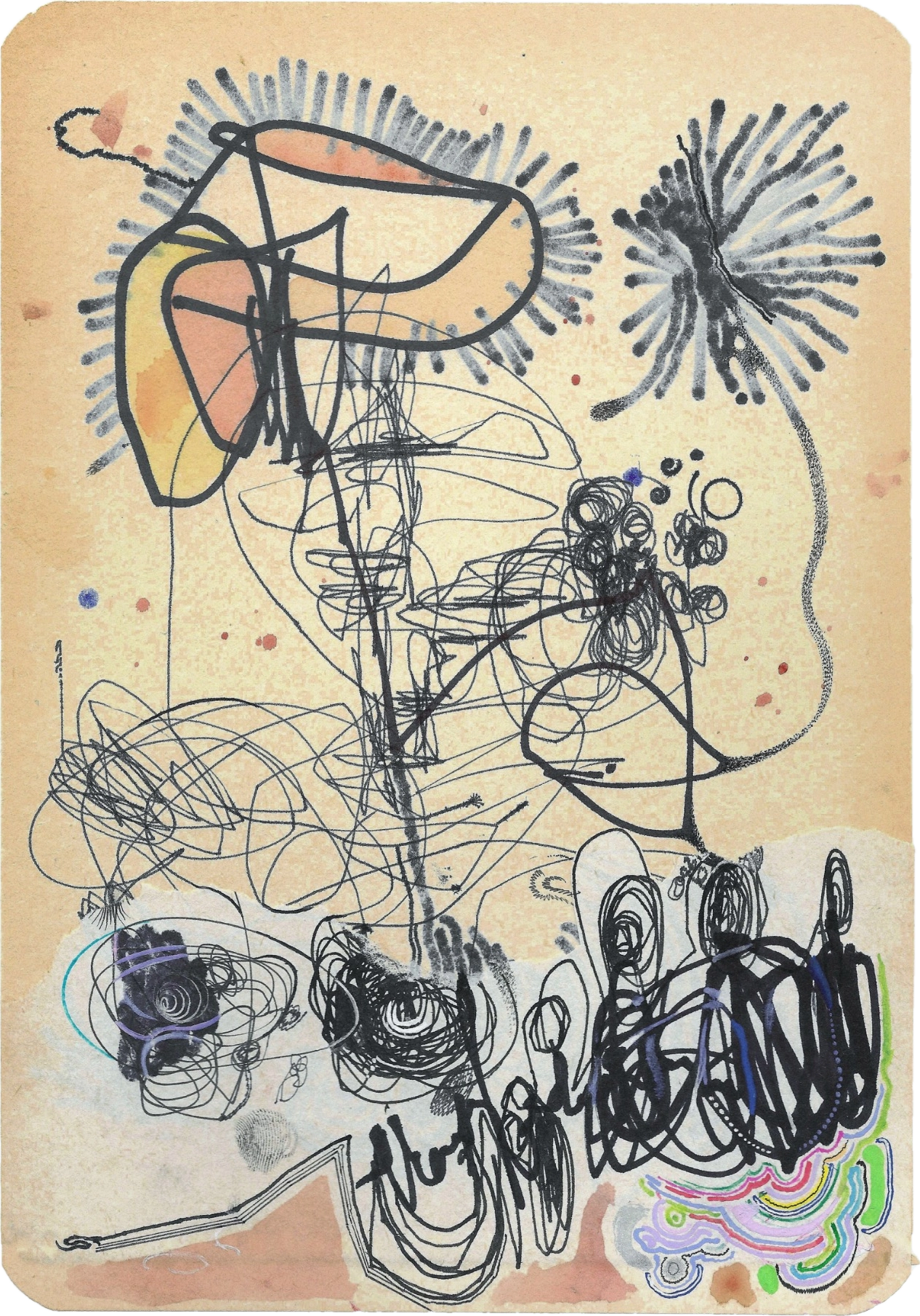 Composición vertical de dibujo automático y técnica mixta sobre papel envejecido