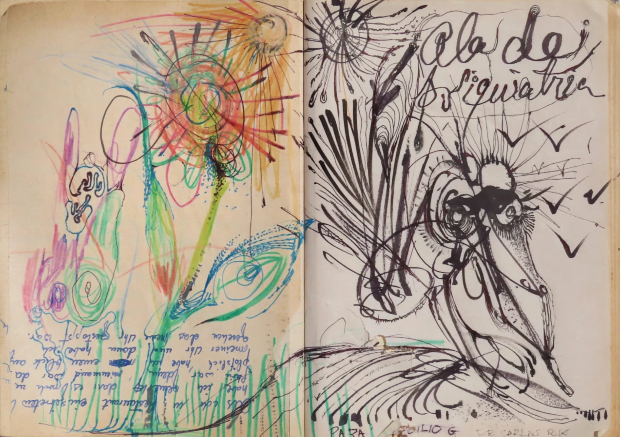 Doble página de cuaderno con dibujo y escritura, color a la izquierda y tinta negra a la derecha