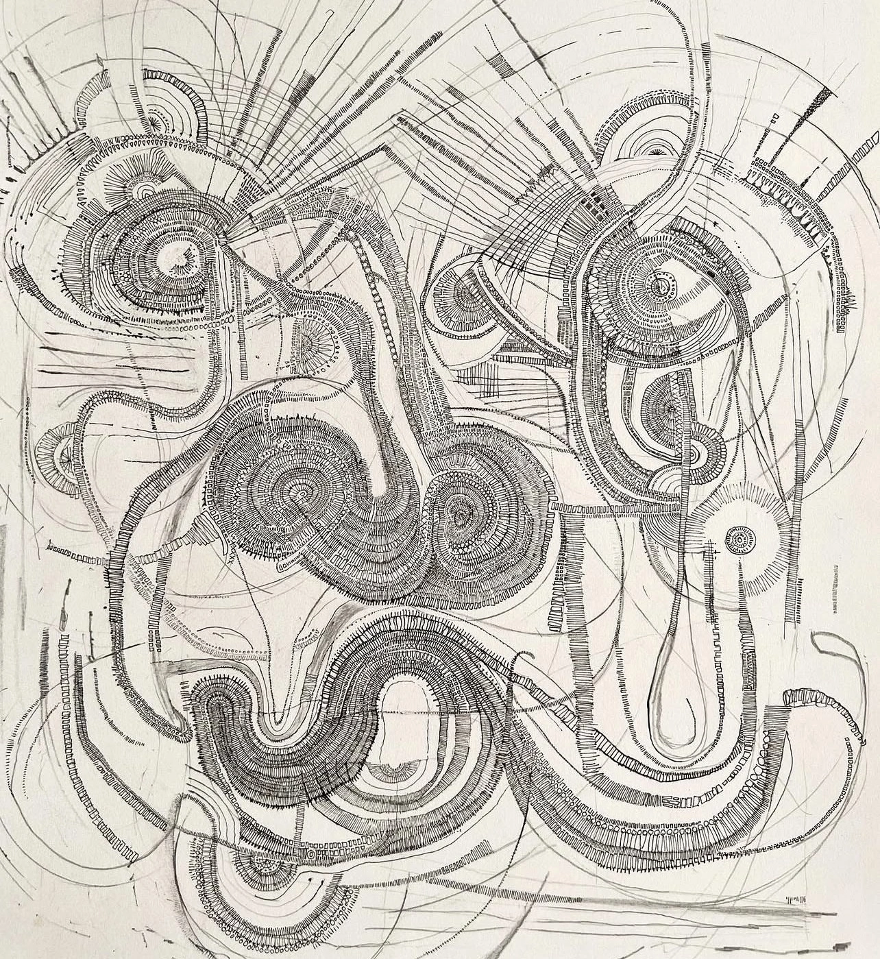 Composición de dibujo automático con estructuras circulares y líneas entrelazadas