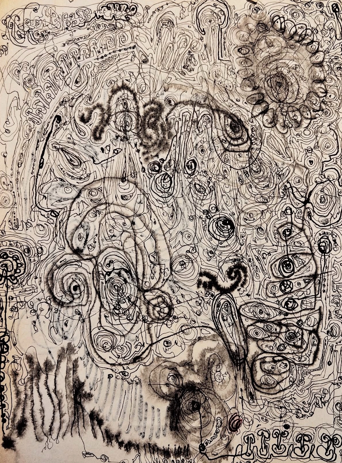 Dibujo automático de rostros, espirales y trazos negros