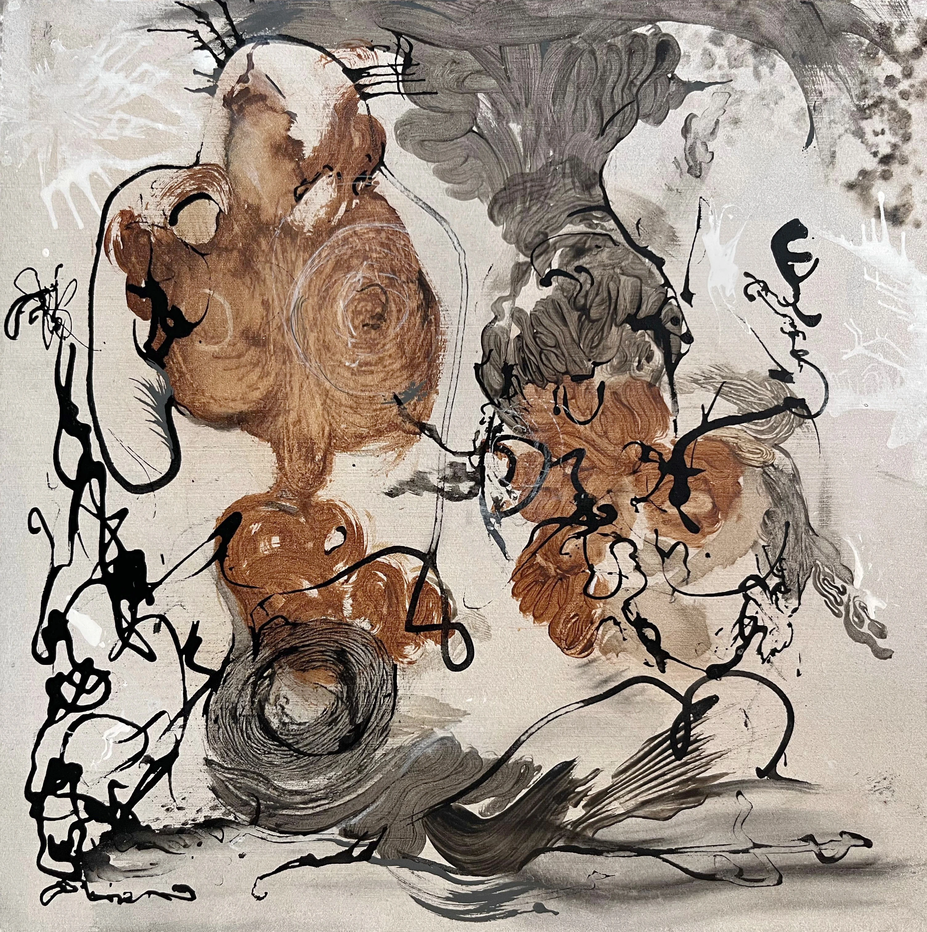 Composición abstracta de manchas terrosas y gestos negros sobre papel