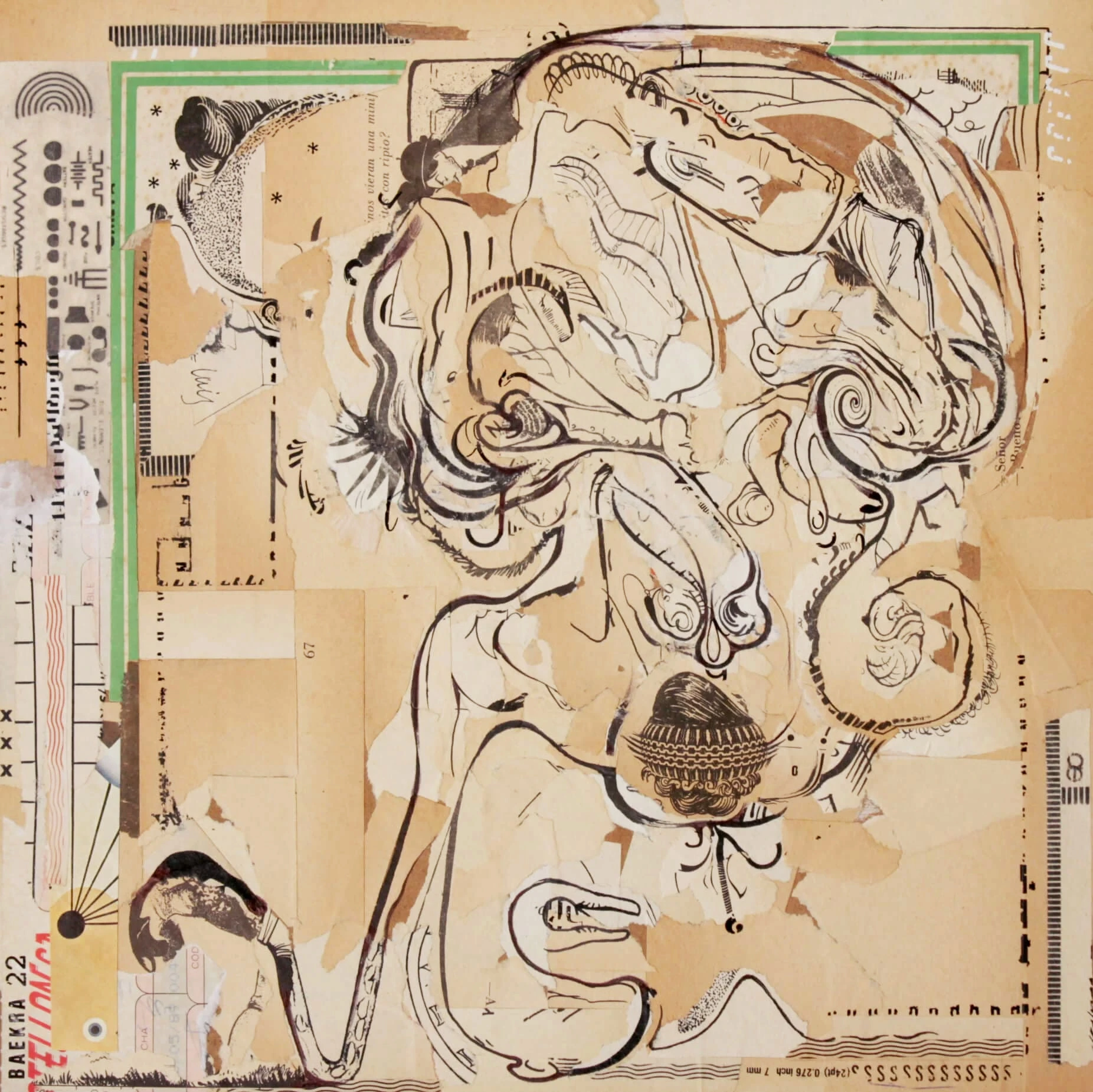 Figura lineal sobre collage de papeles y diagramas