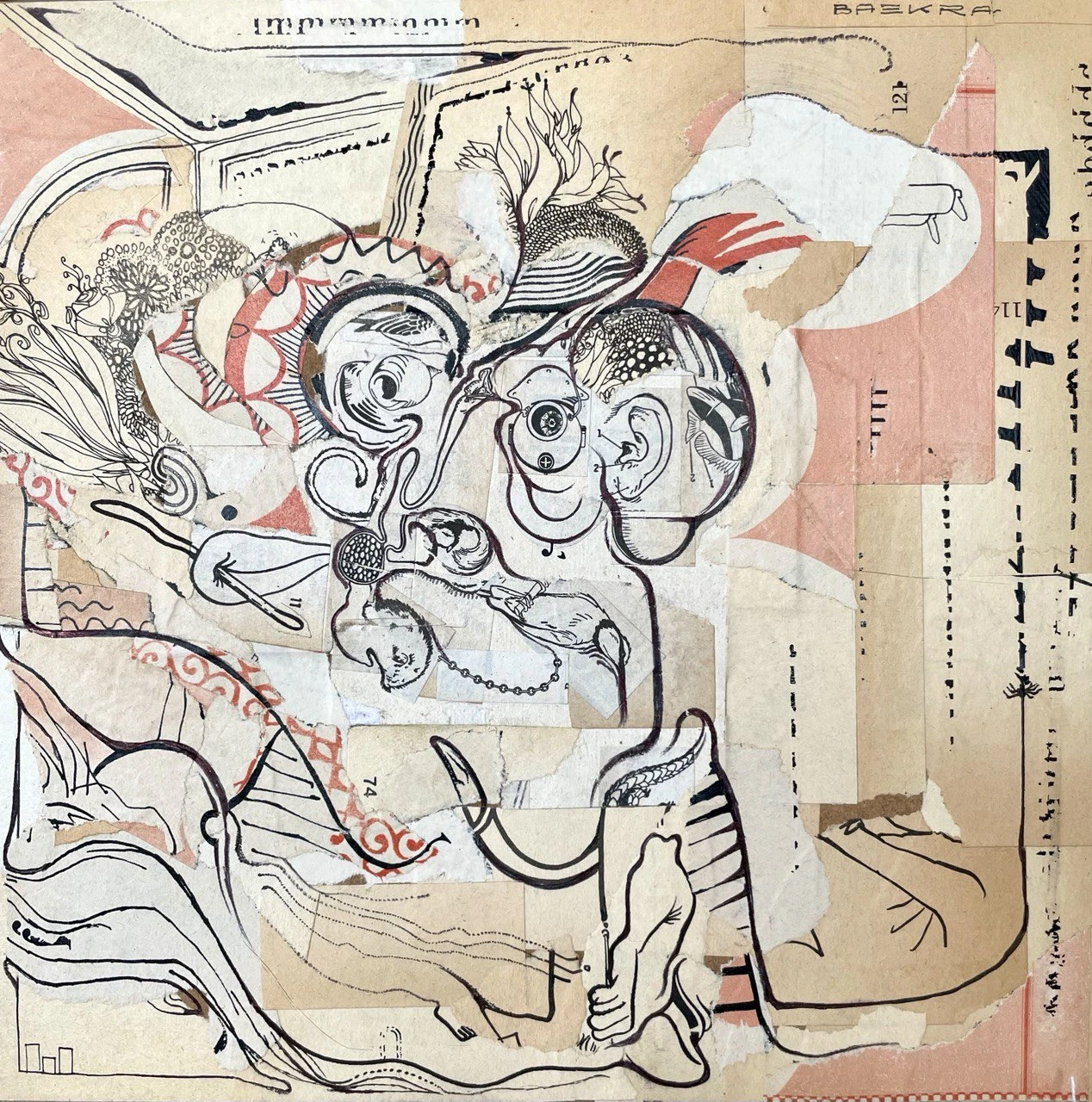 Figura compacta construida con dibujo y collage sobre papel