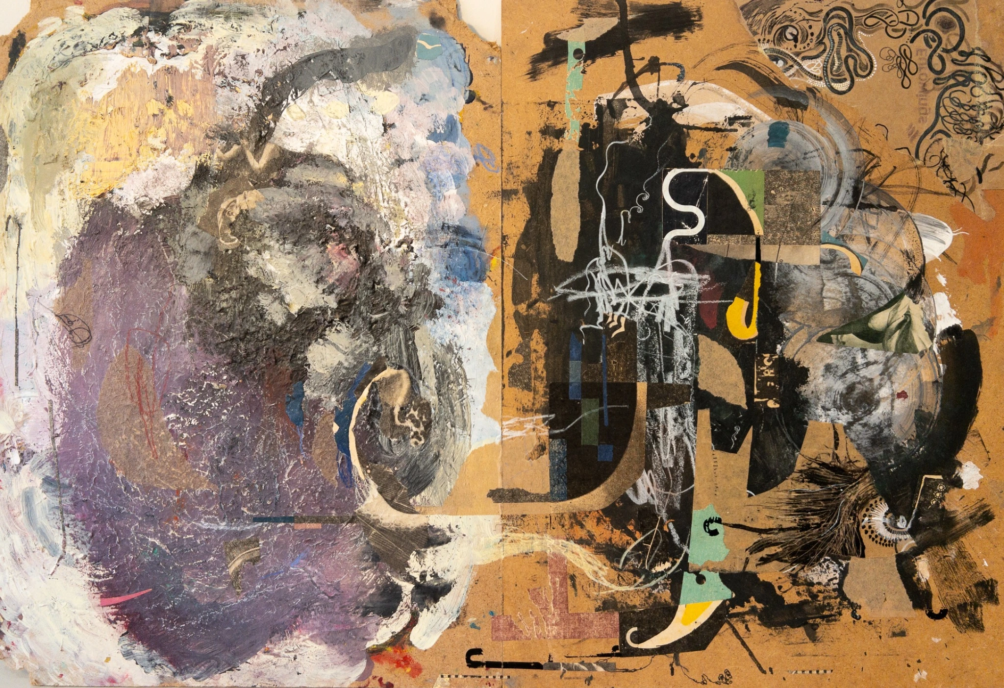 Composición horizontal de pintura, collage y grafismos sobre fondo terroso