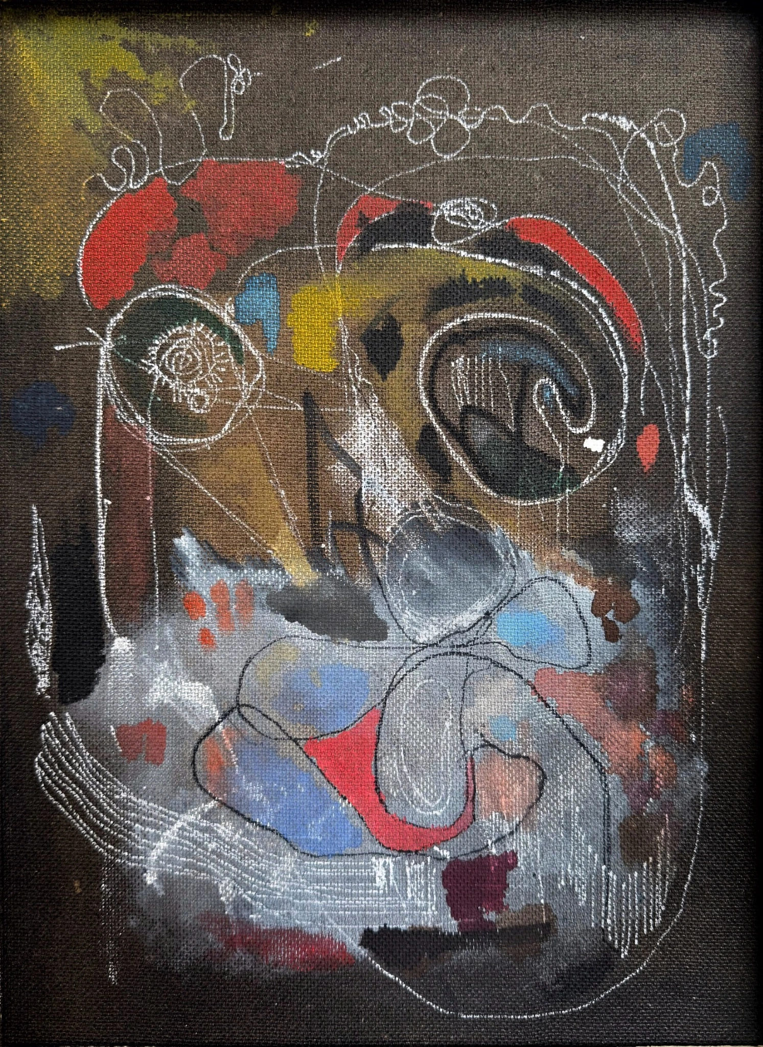Composición vertical de pintura y dibujo sobre fondo oscuro