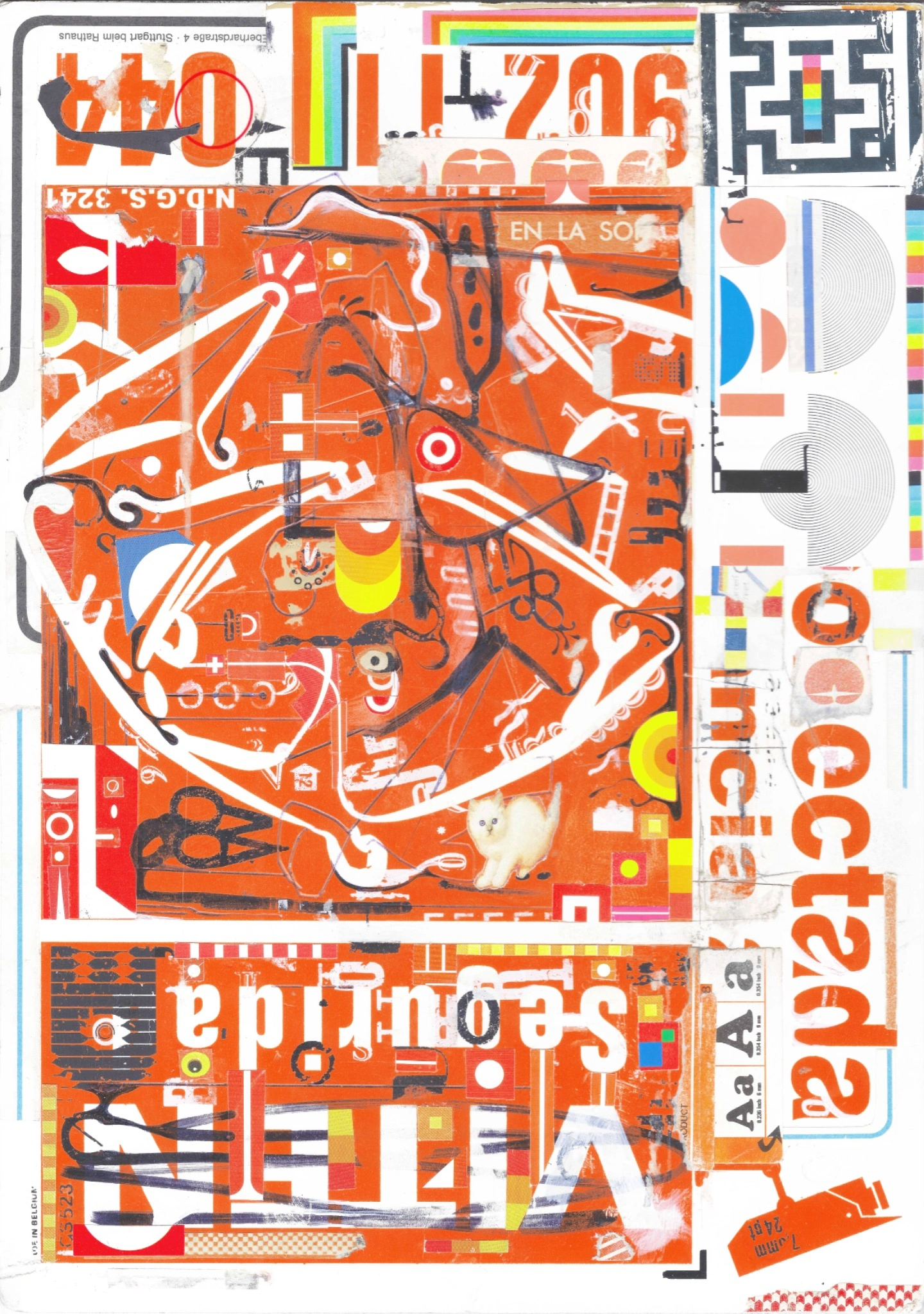 Collage vertical de tipografía, geometría y grafismos sobre un campo naranja dominante