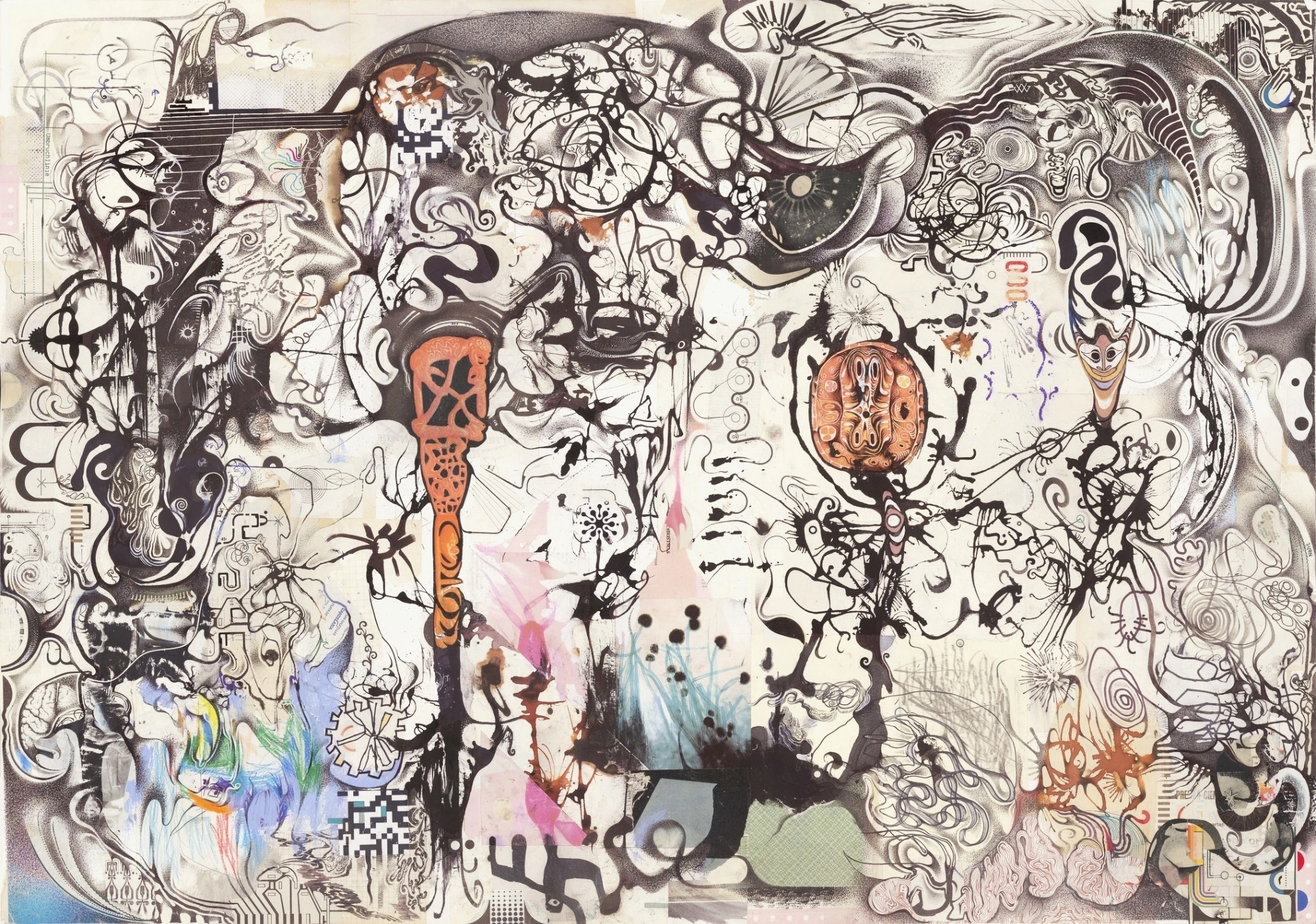 Composición horizontal de dibujo, collage y formas orgánicas en negro, blanco y tonos terrosos