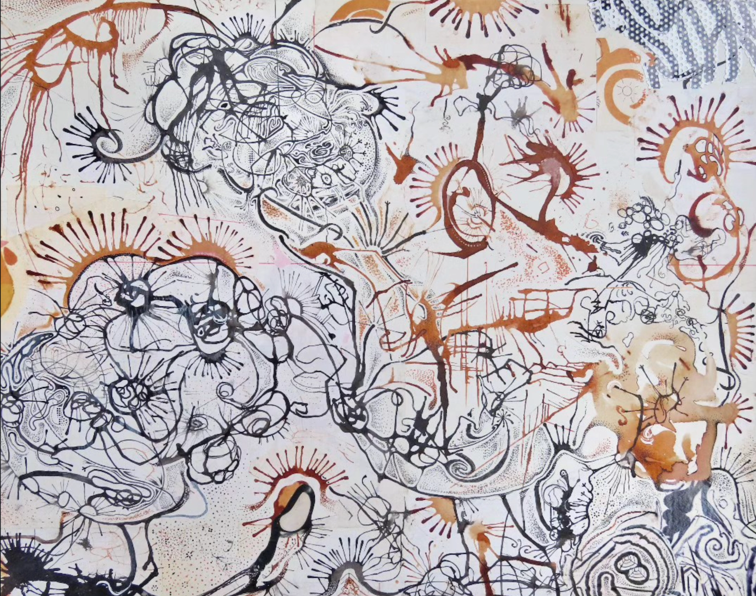 Composición horizontal de dibujo automático con trazos oscuros, acentos ocres y una red de formas orgánicas