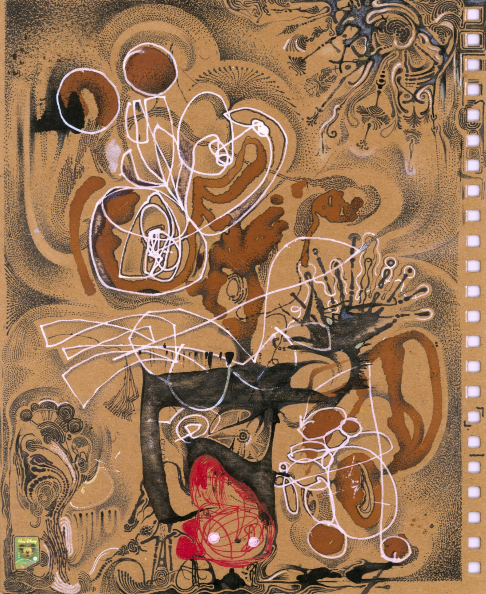 Composición vertical de dibujo, tinta y técnica mixta en tonos terrosos, negros, blancos y rojos